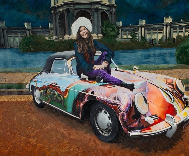Mixed media painting by Martin Osner depicting Janis Joplin sitting on the bonnet of her psychedelic Porsche 356 convertible