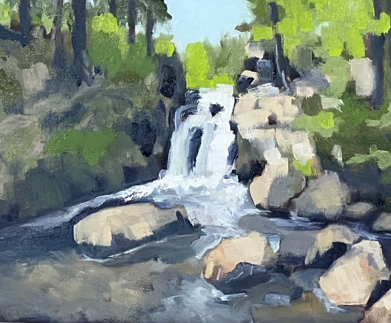 A framed fine art oil painting of a Northern Michigan wilderness waterfall and deep pine forest 