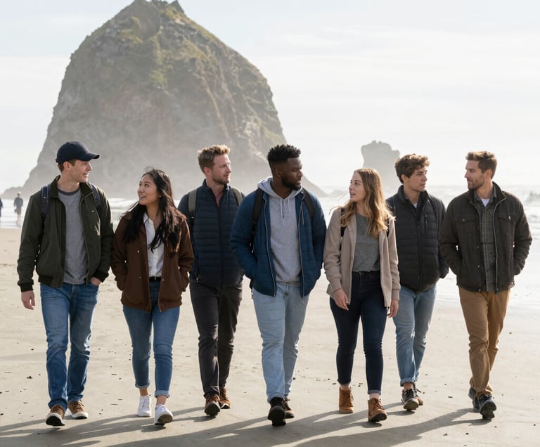 A family hiking a forest trail with mountains in the background under a clear blue sky.