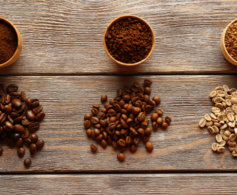 a variety of coffee beans and coffee ground coffee