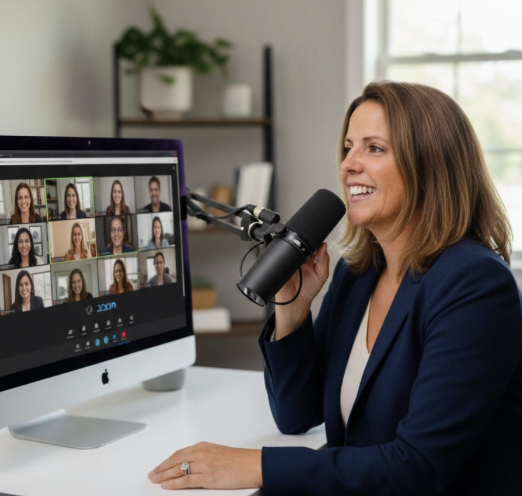 Amy McArdle, PhD, leadership coach and Hudson Valley real estate advisor recording a podcast