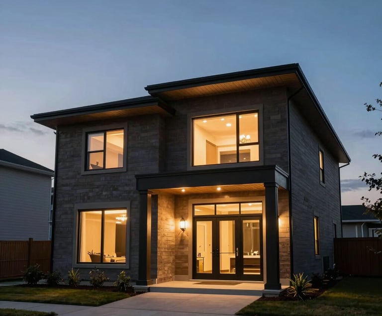 Dramatic low-angle shot of a custom-built modern home under a twilight sky in a North American suburb, highlighting the glow of interior architectural lighting.