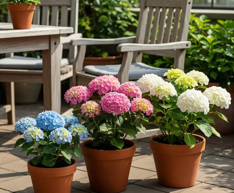 Hortensias en colores diferente en tres macetas en terraza con mubles de madera