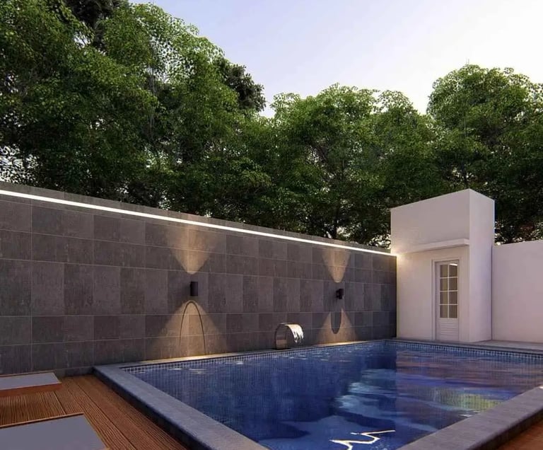 Ilustrasi 3D desain kolam renang mewah dengan fitur jacuzzi dan air terjun.