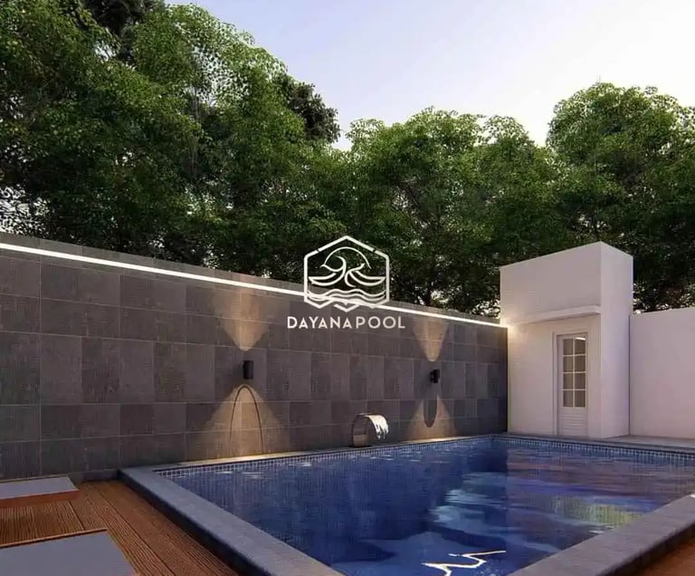 Ilustrasi 3D desain kolam renang mewah dengan fitur jacuzzi dan air terjun.