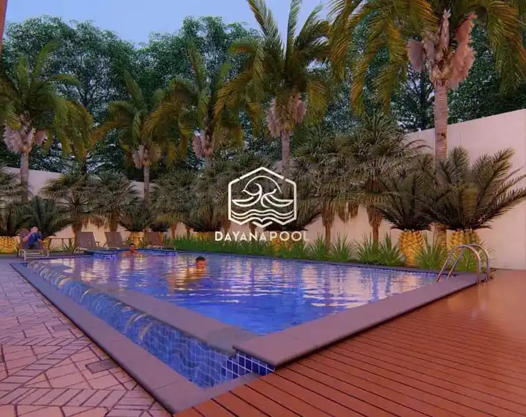 Ilustrasi 3D desain kolam renang mewah dengan fitur jacuzzi dan air terjun.