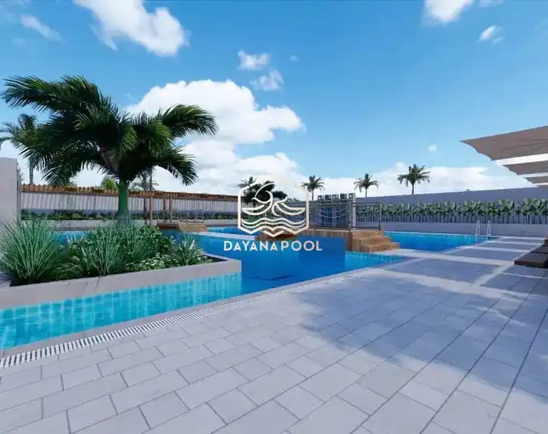Ilustrasi 3D desain kolam renang mewah dengan fitur jacuzzi dan air terjun.