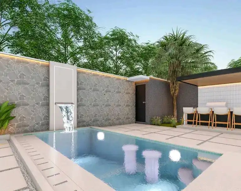 Ilustrasi 3D desain kolam renang mewah dengan fitur jacuzzi dan air terjun.