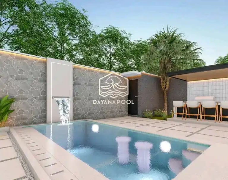 Ilustrasi 3D desain kolam renang mewah dengan fitur jacuzzi dan air terjun.