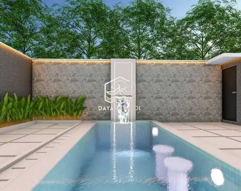 Ilustrasi 3D desain kolam renang mewah dengan fitur jacuzzi dan air terjun.