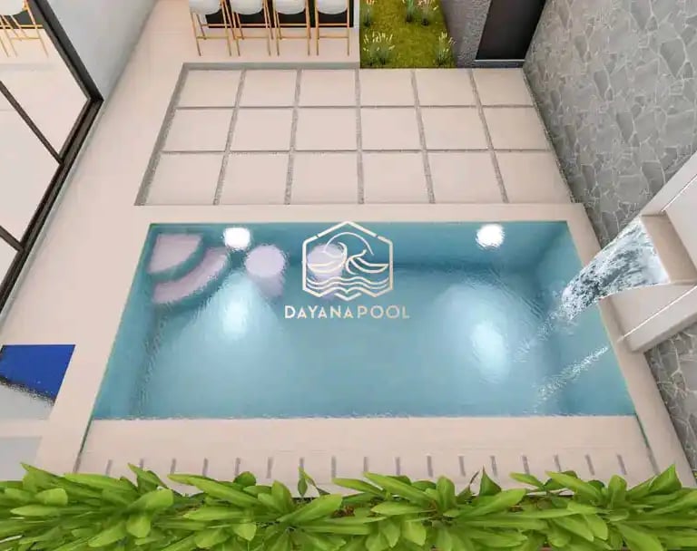 Ilustrasi 3D desain kolam renang mewah dengan fitur jacuzzi dan air terjun.