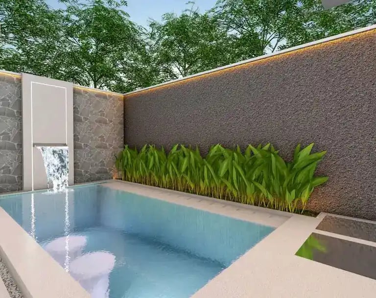 Ilustrasi 3D desain kolam renang mewah dengan fitur jacuzzi dan air terjun.