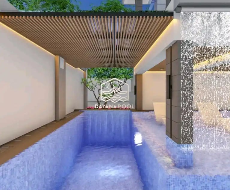 Ilustrasi 3D desain kolam renang mewah dengan fitur jacuzzi dan air terjun.