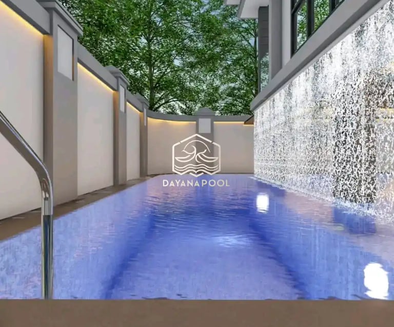 Ilustrasi 3D desain kolam renang mewah dengan fitur jacuzzi dan air terjun.