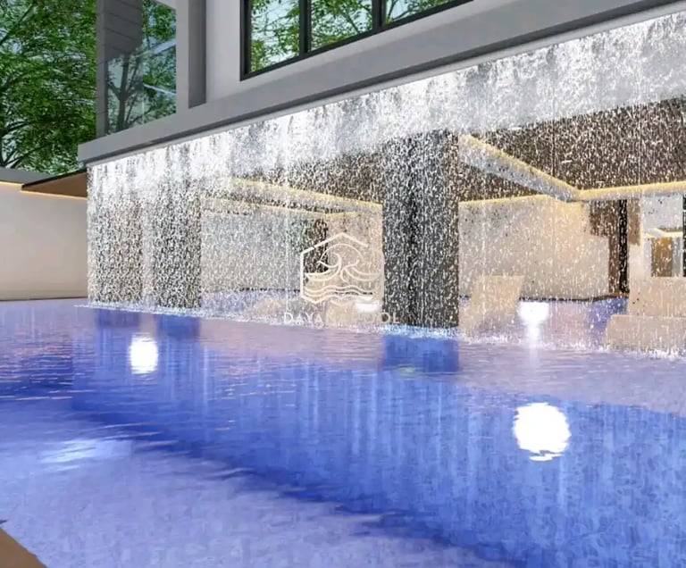 Ilustrasi 3D desain kolam renang mewah dengan fitur jacuzzi dan air terjun.