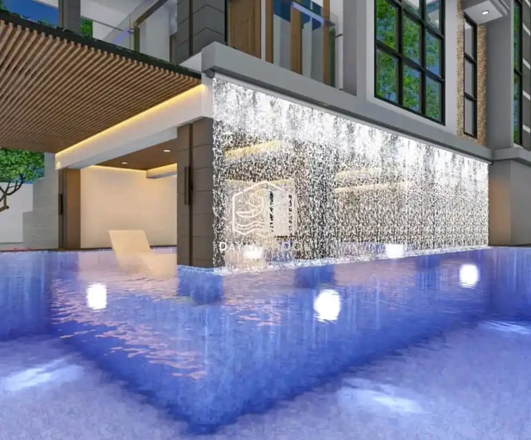 Ilustrasi 3D desain kolam renang mewah dengan fitur jacuzzi dan air terjun.