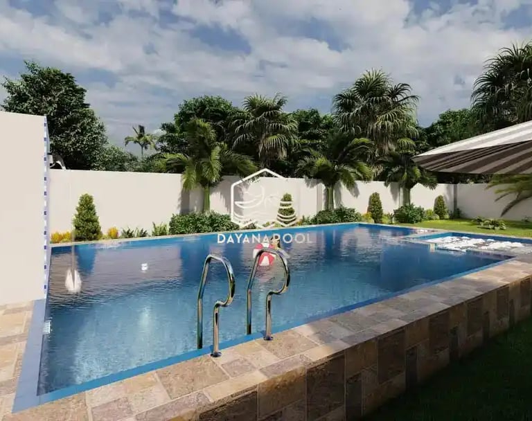 Ilustrasi 3D desain kolam renang mewah dengan fitur jacuzzi dan air terjun.