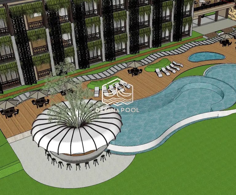 Ilustrasi 3D desain kolam renang mewah dengan fitur jacuzzi dan air terjun.