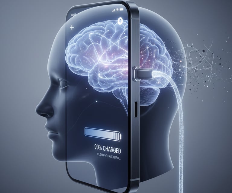 Sleep as brain maintenance: a stylized human head charging like a smartphone, digital waste clearing.