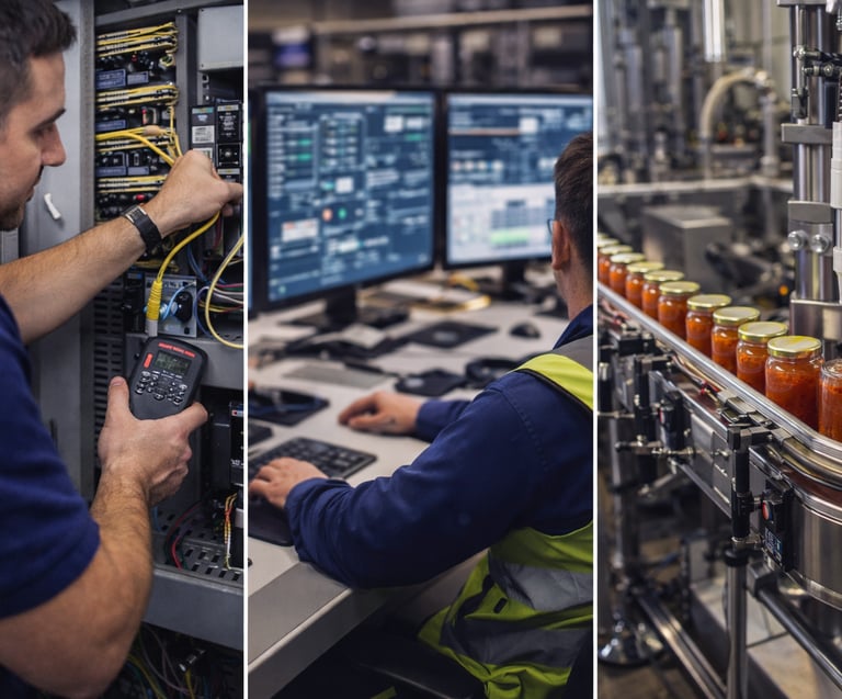 3 images o in an industrial setting. You can see a worker on and a canning line