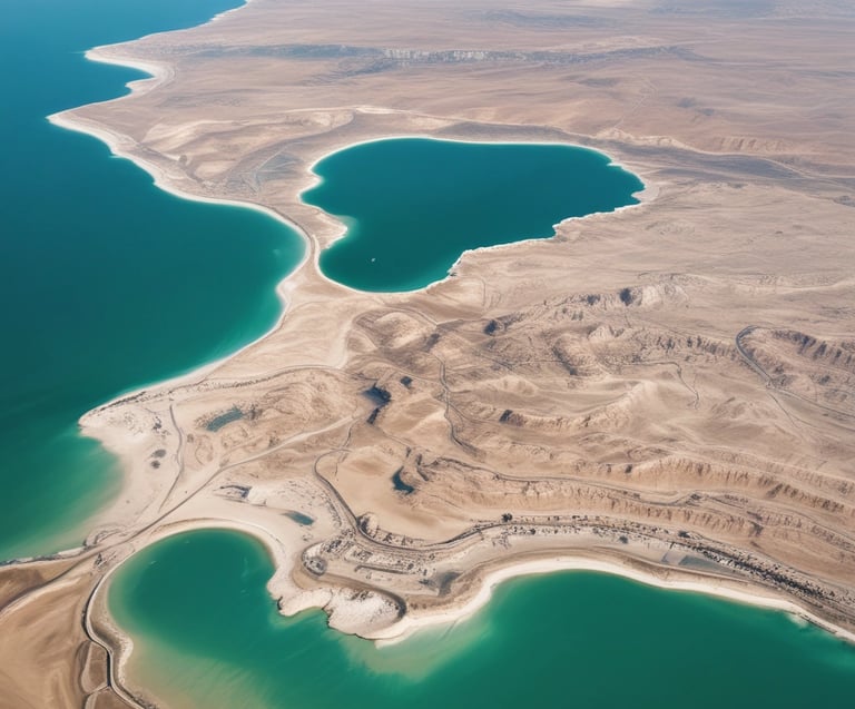 A serene view of the Dead Sea shoreline with salt formations and calm blue water.
