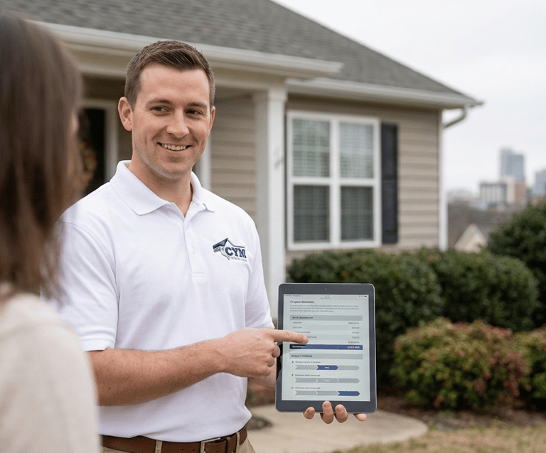 Durham NC contractor explaining roofing gutter and siding project to homeowners