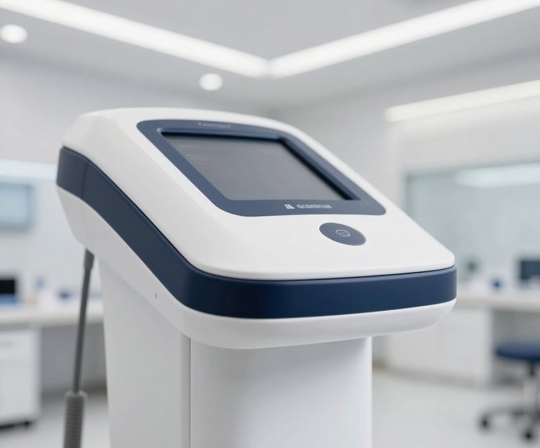 Macro shot of a premium medical device, sleek clinic interior with architectural lighting, bright daylight, shallow depth of field