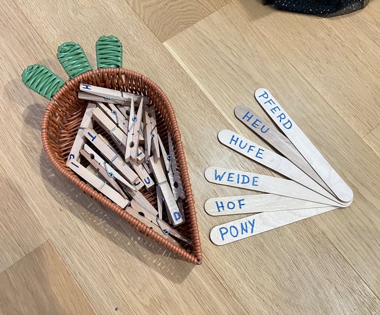 Educational word matching activity with wooden clothespins and craft sticks in a carrot basket.