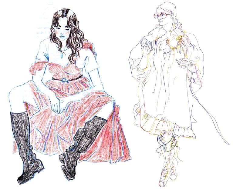 a fashion drawing of a woman sitting on a bench in a long pink dress and high black boots