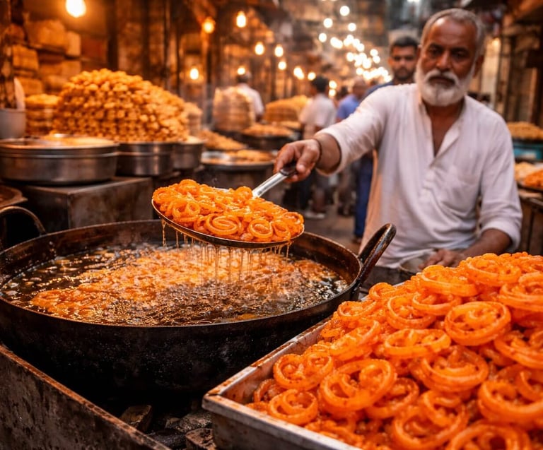 Frying fresh Jalebi and snacks in Old Delhi