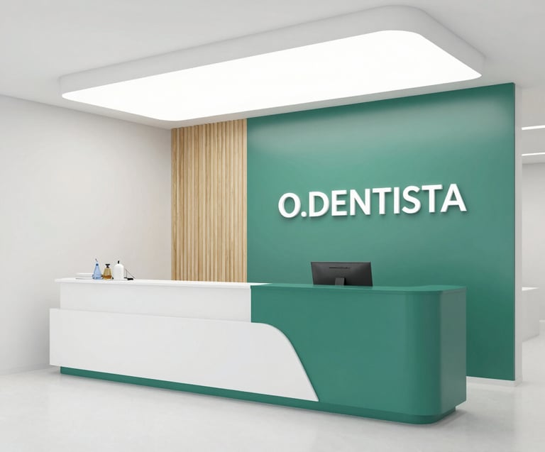 Modern dental clinic reception, soft natural window light, clean green and white tones, warm and professional atmosphere