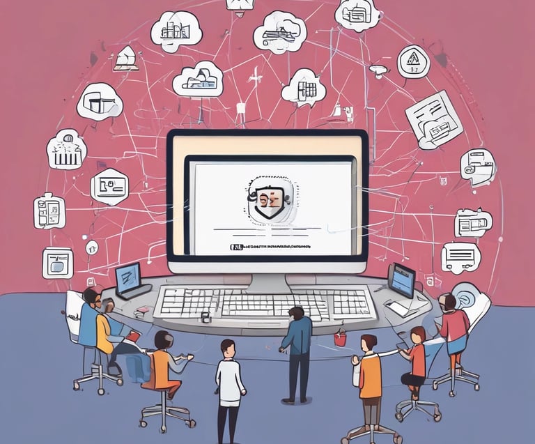 A professional team collaborating around a laptop in a modern office space.