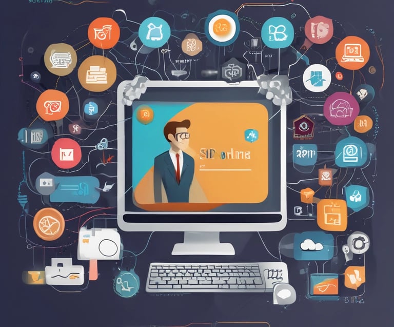 A professional team collaborating around a laptop in a modern office space.