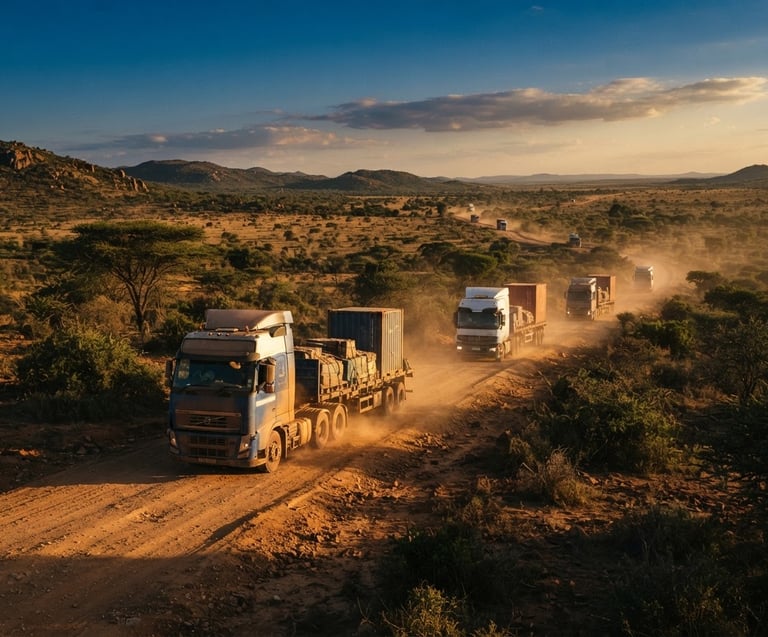 Wide environmental shot of heavy cargo transport trucks moving along a dusty sub-Saharan road under warm golden-hour sunlight, cinematic 35mm