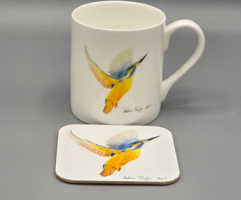 White fine bone china mug and matching coaster set featuring a vibrant kingfisher bird art