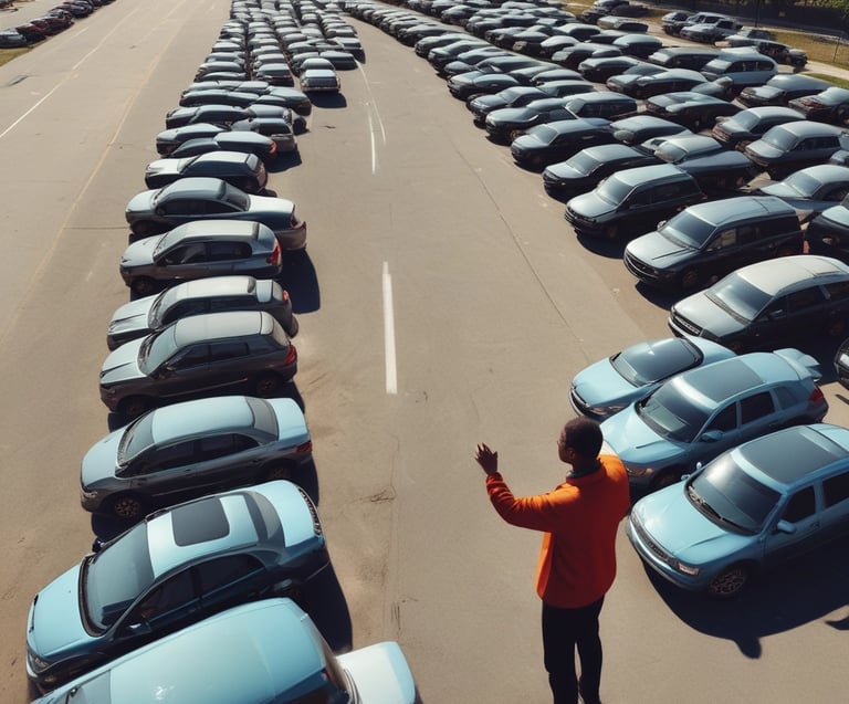 A large yellow truck is parked on a tree-lined suburban street. Trees arch overhead, with their branches reaching toward the truck. The truck's rear doors are prominently visible, and there appears to be signage with contact information on them. In the distance, a small white car is parked on the side of the road.