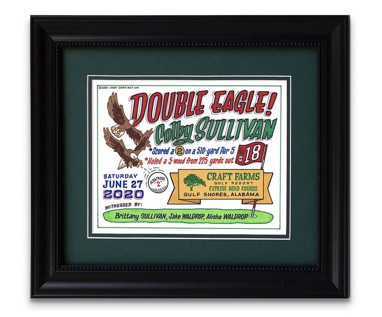 A framed piece of artwork for a golfer's double eagle. Images include two soaring eagles over the details of the shot.