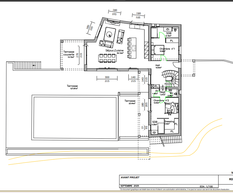 Detailed architectural 2D floor plan for a modern villa featuring a pool, terrace, and two bedrooms.