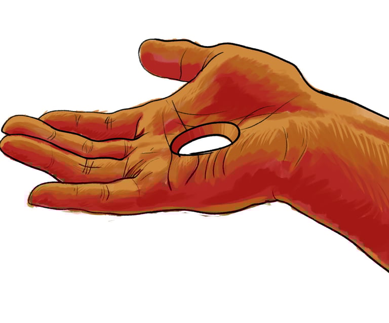 Illustration of a person's open palm with a hole in the center, symbolizing loss or emptiness.