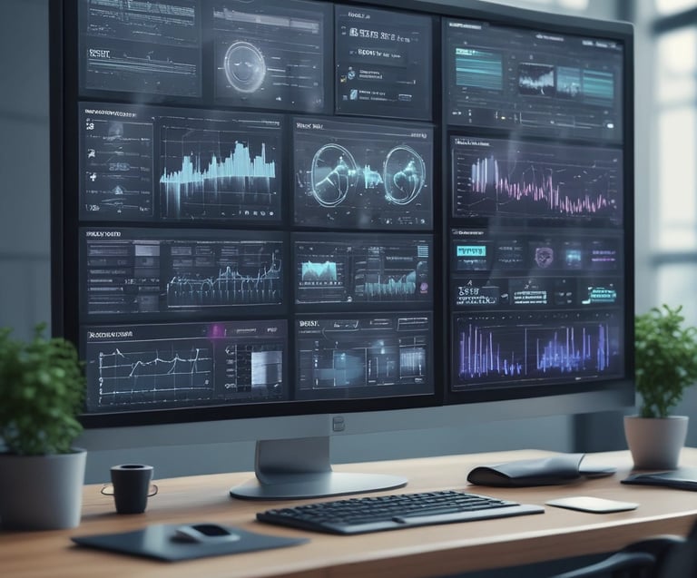 A wide computer monitor displaying a digital dashboard of data analytics and financial graphs on a modern office desk.