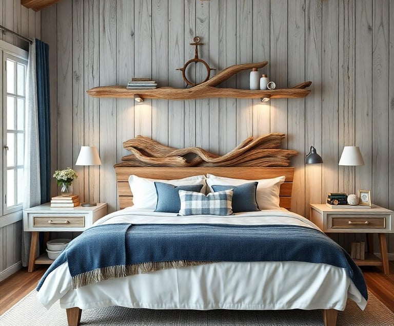 a nautical bed with a wooden headboard and shelves above it