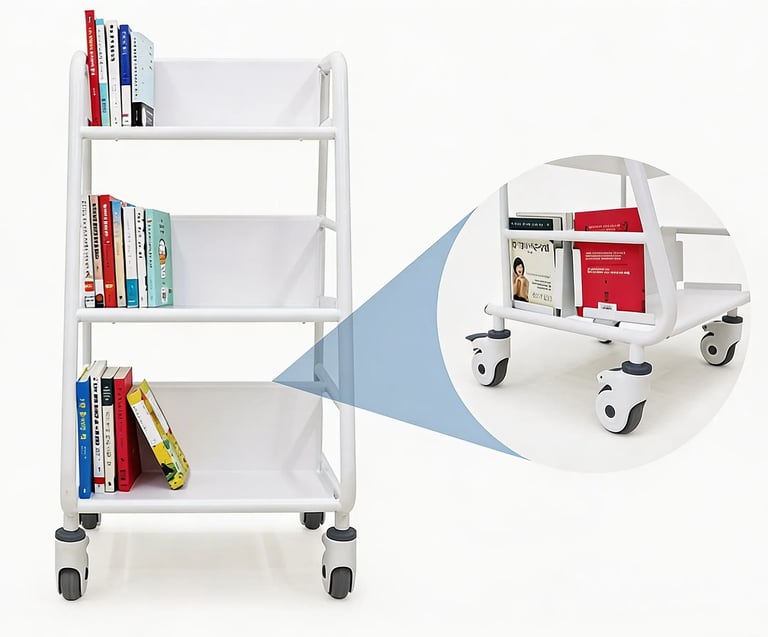 Three-tier white rolling utility cart with books and swivel wheels for library organization.