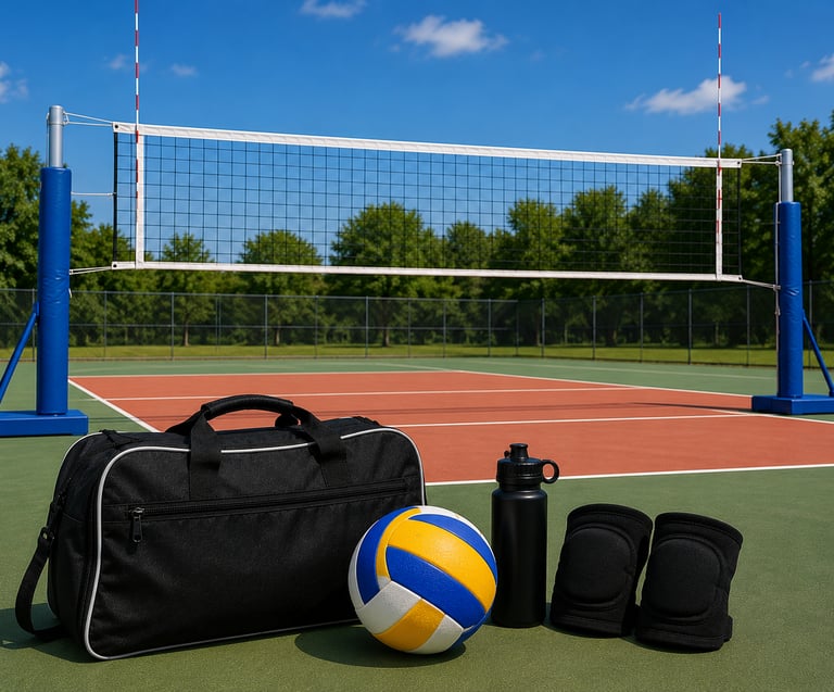 Volleyball gear including a ball, bag, knee pads, and water bottle on an outdoor court.