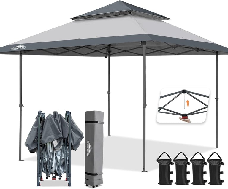 Eagle Peak gray 13x13 pop up canopy tent with vented roof, carry bag, and sandbags for outdoor shade.