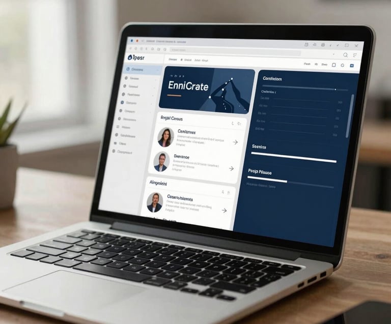 A professional North American creative studio with soft natural light, featuring a modern laptop showing a sophisticated marketing dashboard, off-white and deep blue color palette.