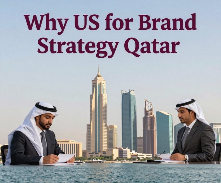 Businessmen discussing brand strategy in Qatar with the Doha skyline background.