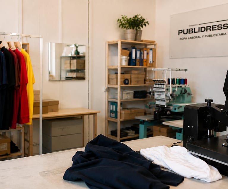 Ropa laboral en Valencia con maquinaria de personalización y uniformes profesionales Publidress
