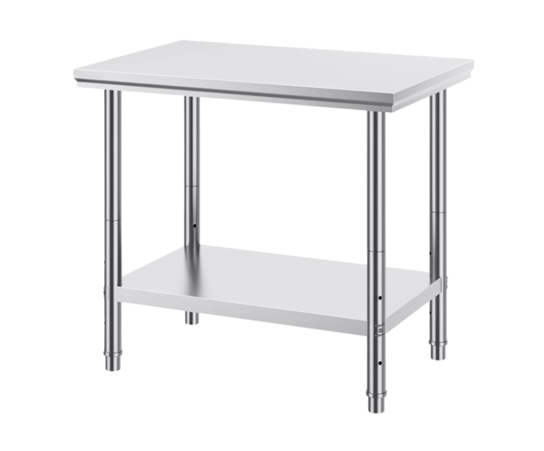 A light duty stainless steel table featuring a smooth work surface and a lower storage shelf on a white background.
