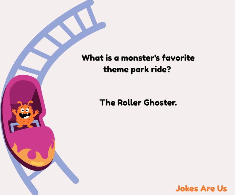 Monster on a roller coaster with a text "What's a monster fav ride? Roller Ghoster."
