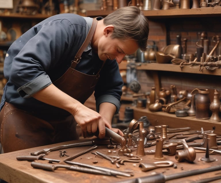 A skilled craftsman in a leather apron handcrafting bronze hardware at a wooden workbench.